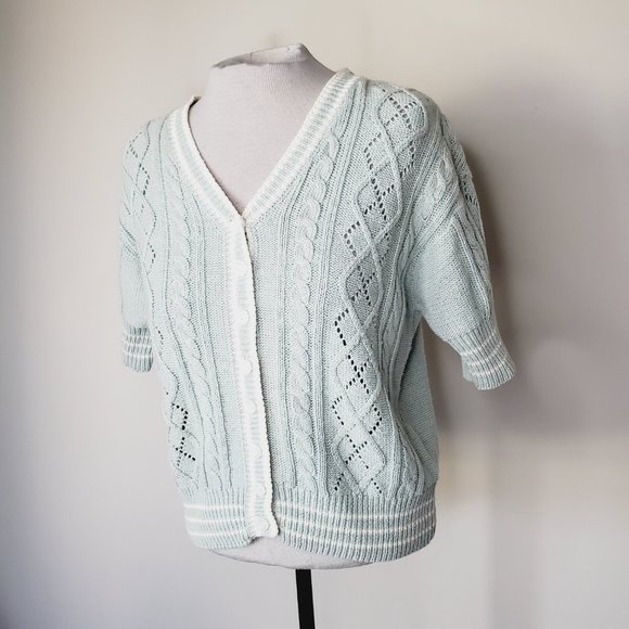 Vintage Crazy Horse Cardigan Grannycore Cable Knit Retro Rami Cotton Pale Blue M - Picture 2 of 8